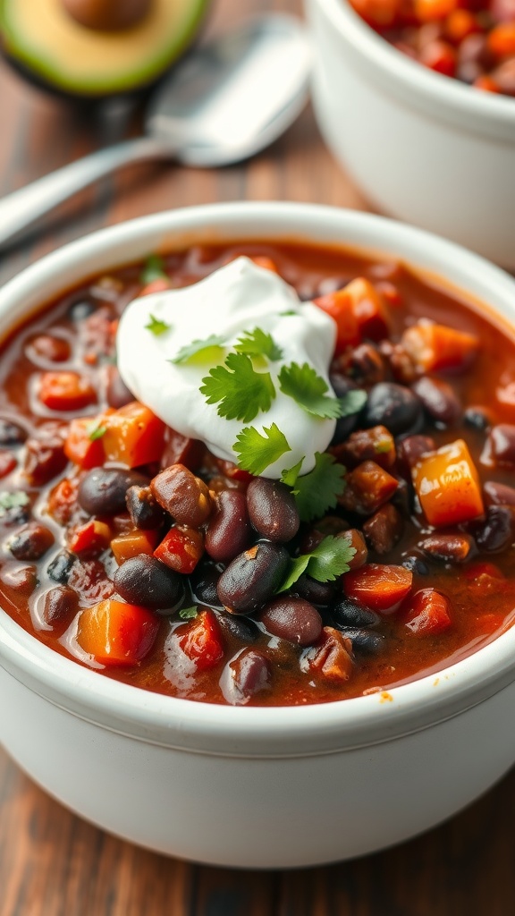 A bowl of black bean chili topped with sour cream and cilantro, surrounded by avocado slices on a rustic table.